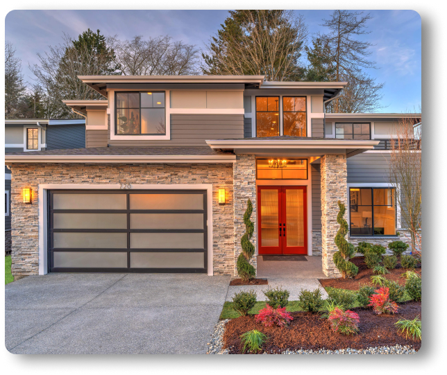 glass garage door on a modern traditional house